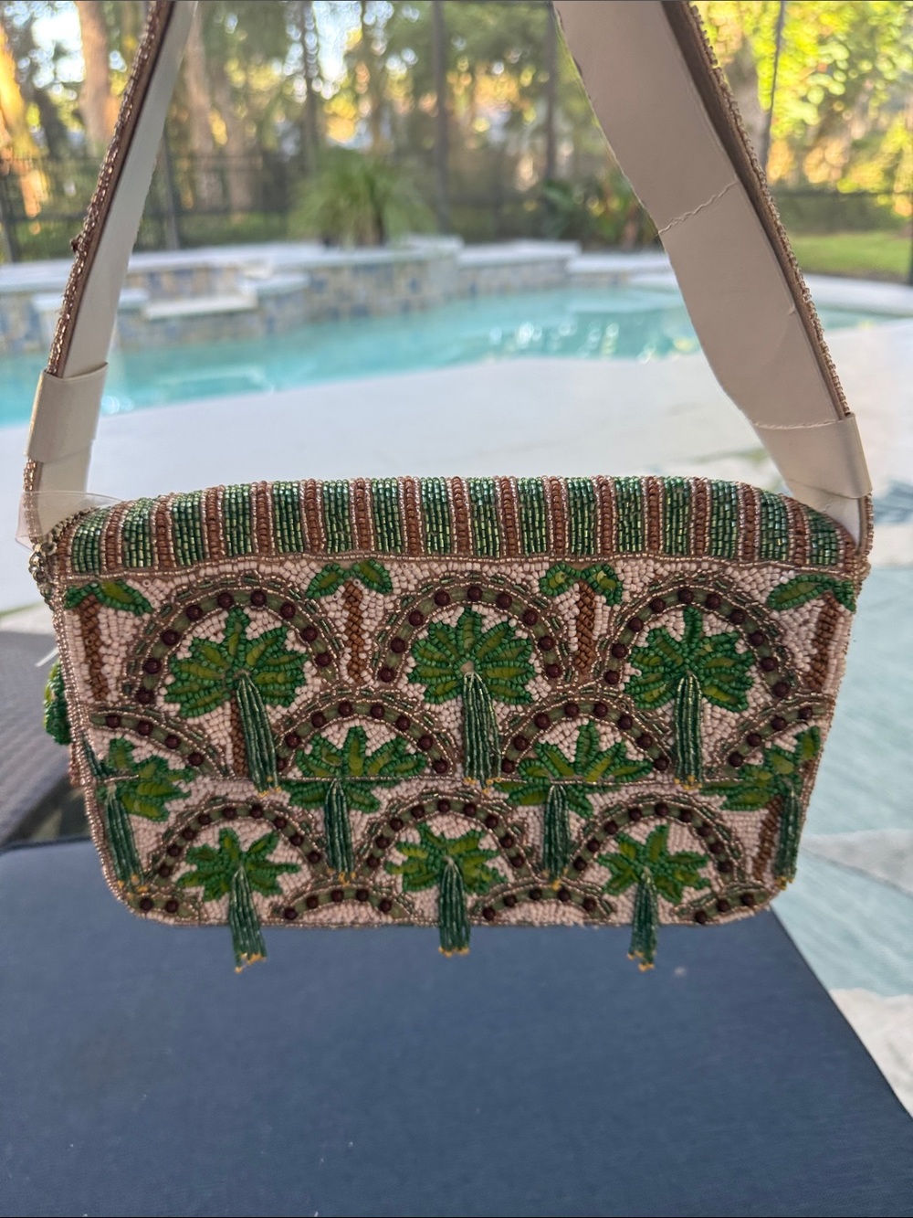 Beaded Green Palm Motif Crossbody Bag